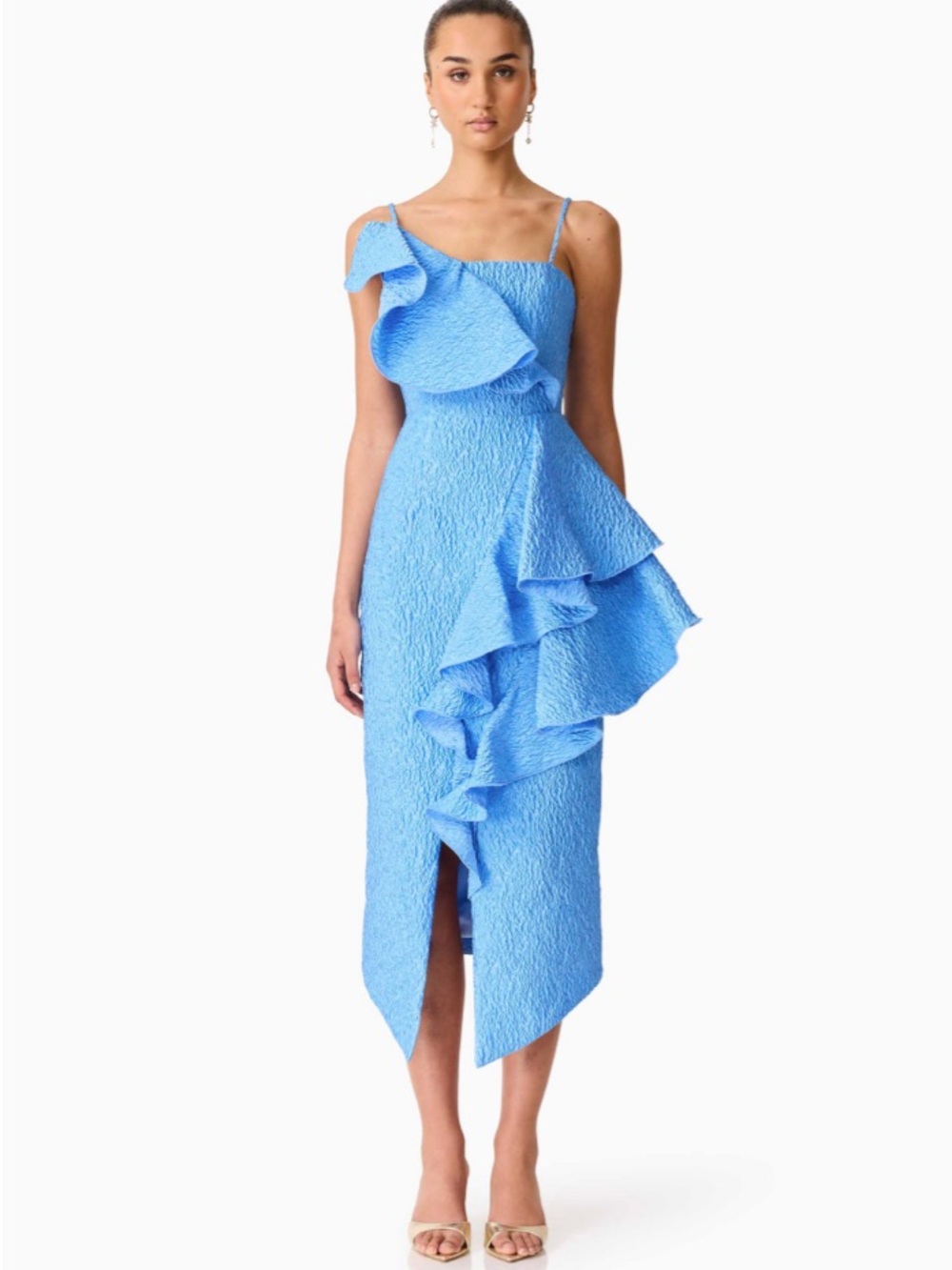 ELLIATT Briallen Frill Midi One Shoulder Dress in Blue • msrp $258